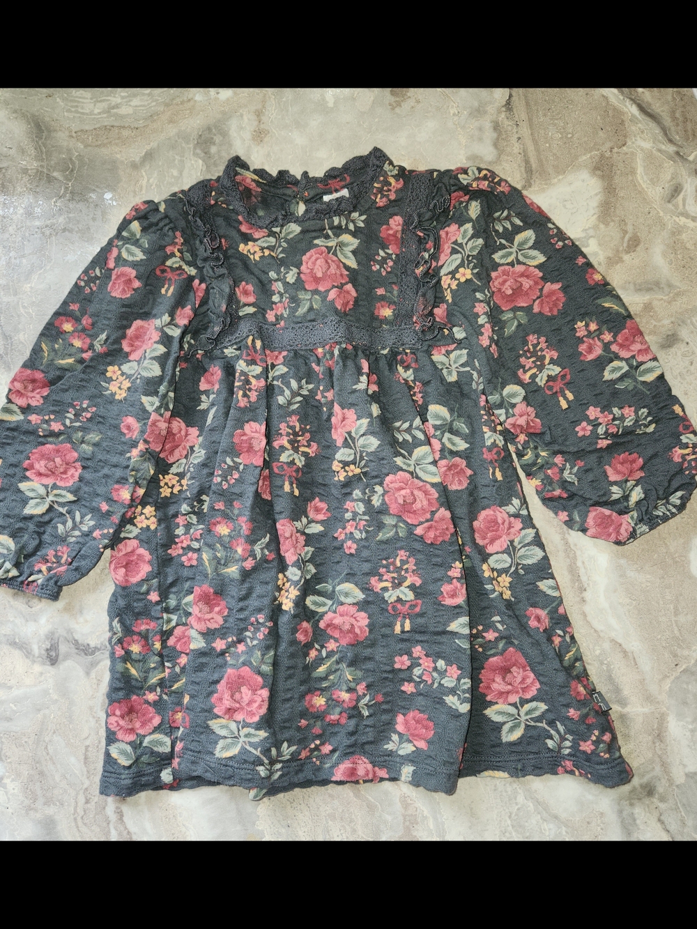 Girls Charcoal Floral Long-Sleeve Dress with Pink Roses